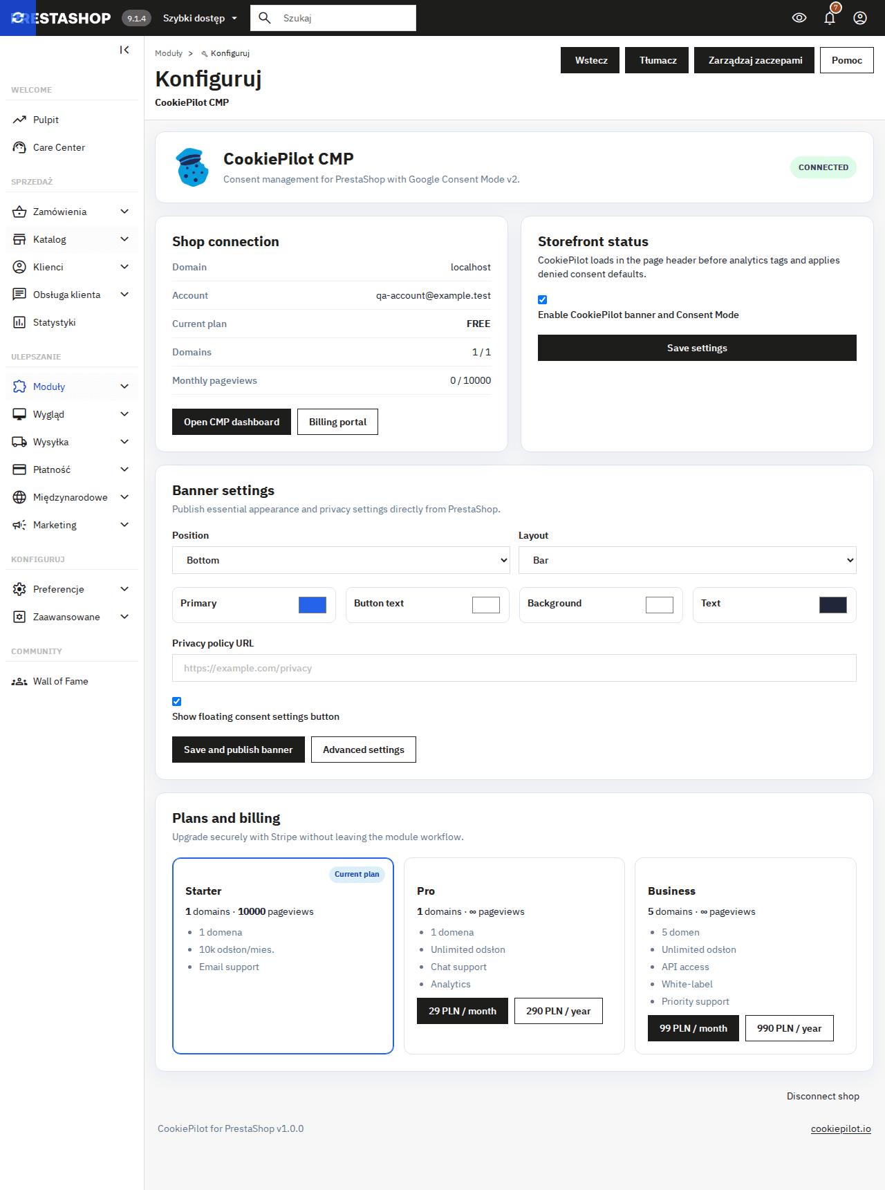 Nastavitvena stran CookiePilot CMP v skrbništvu PrestaShop s stanjem trgovine CONNECTED